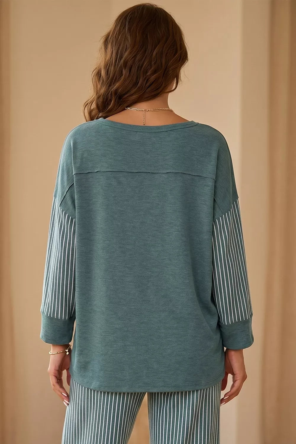 Raw Seam Patchwork Long Sleeve Top Pocket Casual Pants 2pcs Set in French Blue, view 2