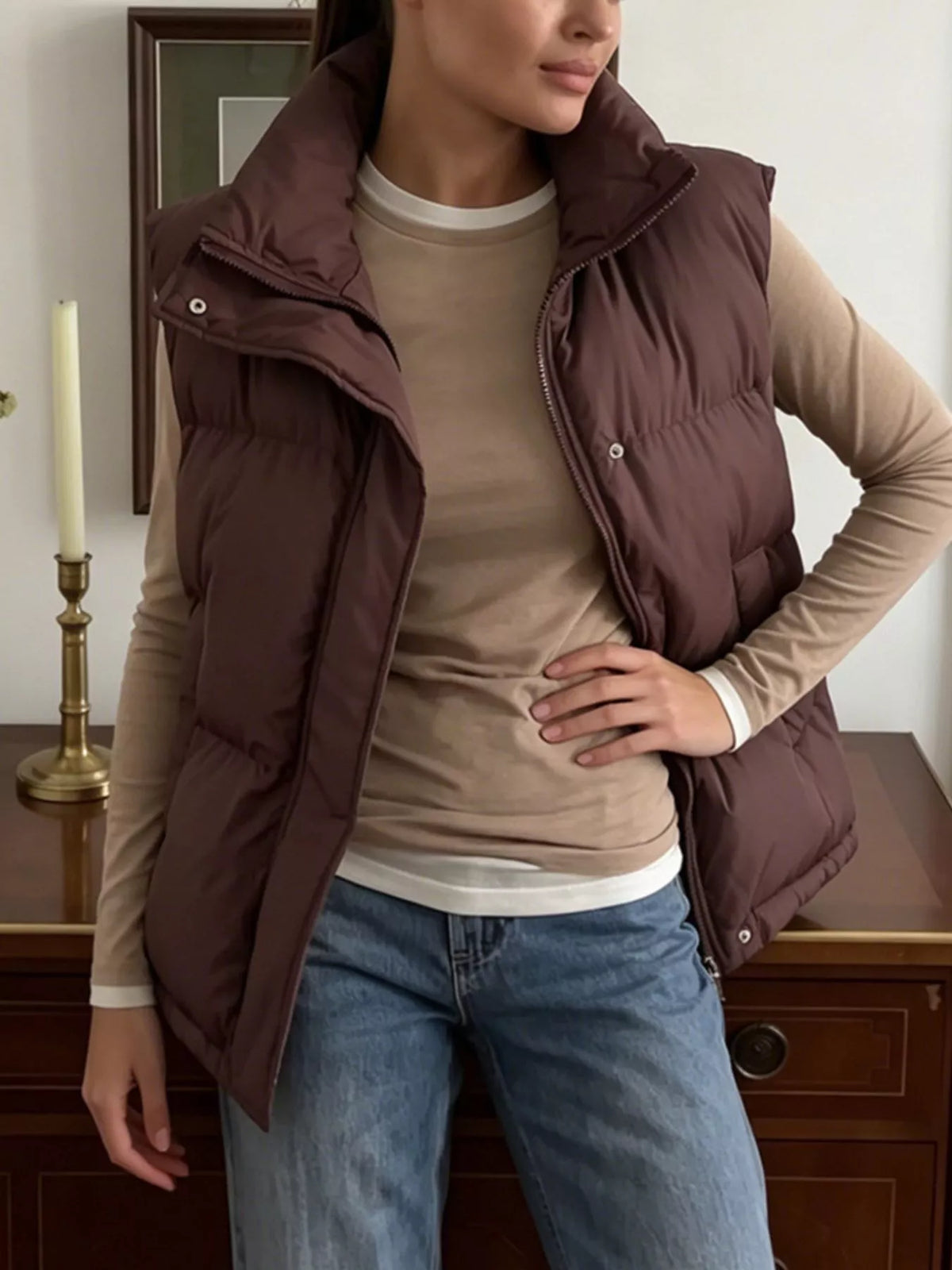 Snap-Button Placket Quilted Puffer Vest Coat, view 8