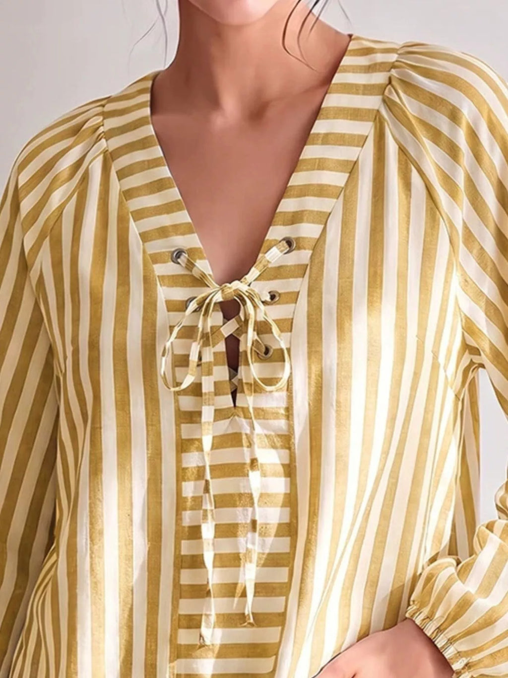 Striped Tie Front Long Sleeve Blouse - Lilixa.store
