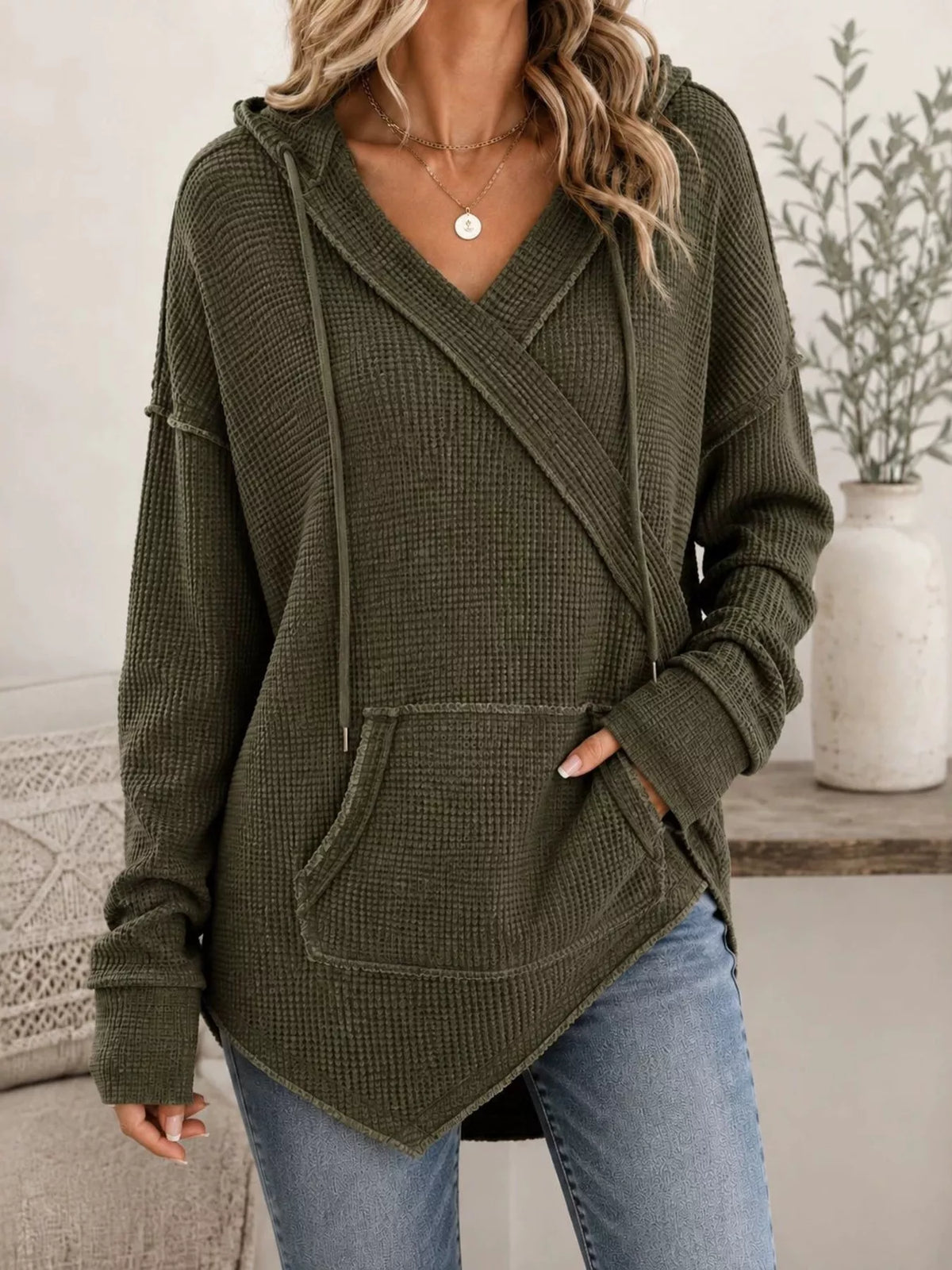Drawstring Waffle Knit Hoodie - Lilixa.store
