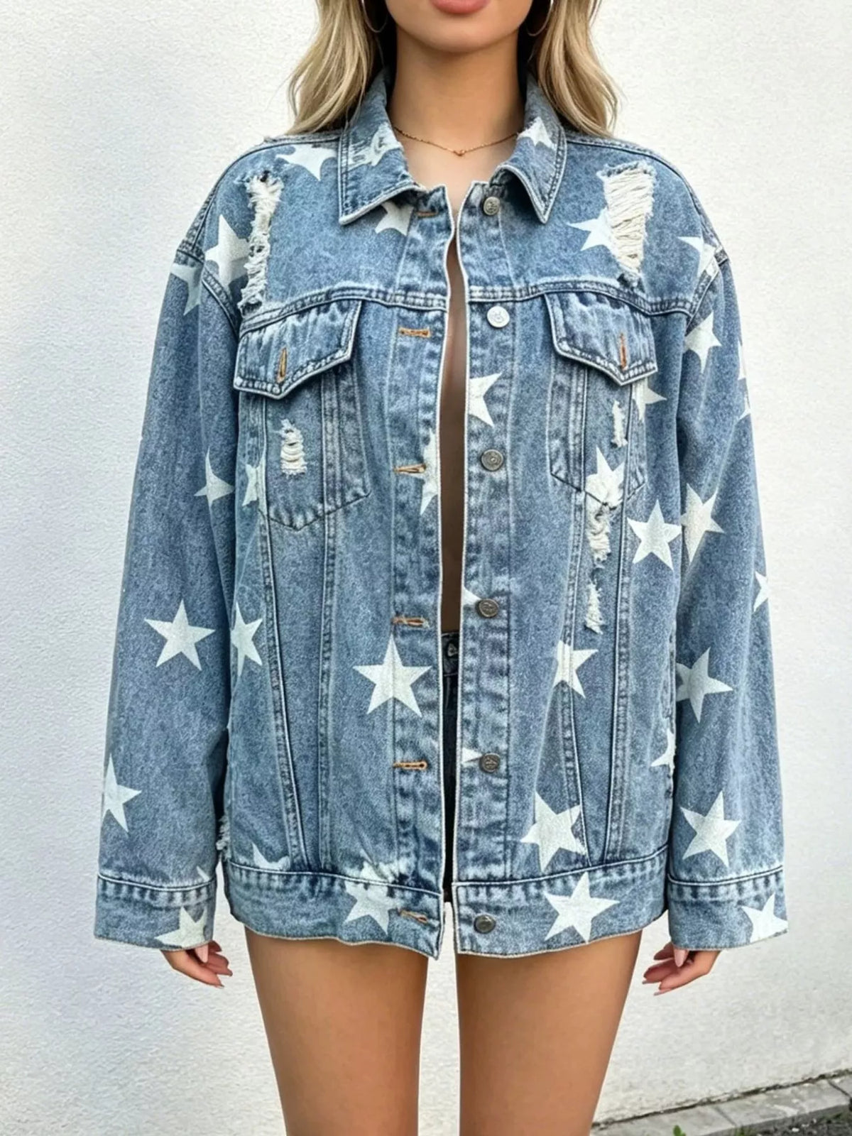 Star Print Distressed Oversized Denim Jacket - Lilixa.store