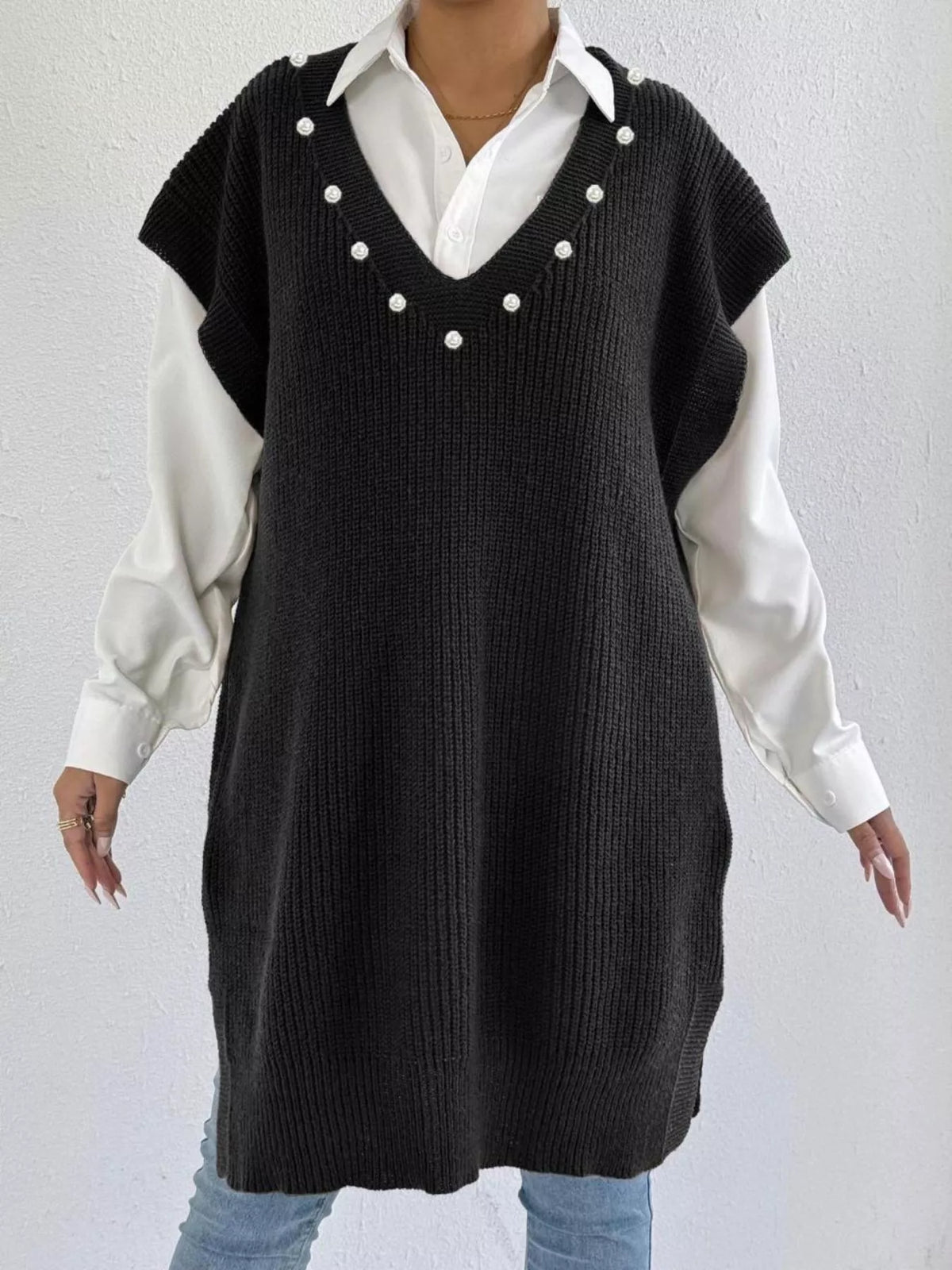 Slit V-Neck Sweater Dress, view 8