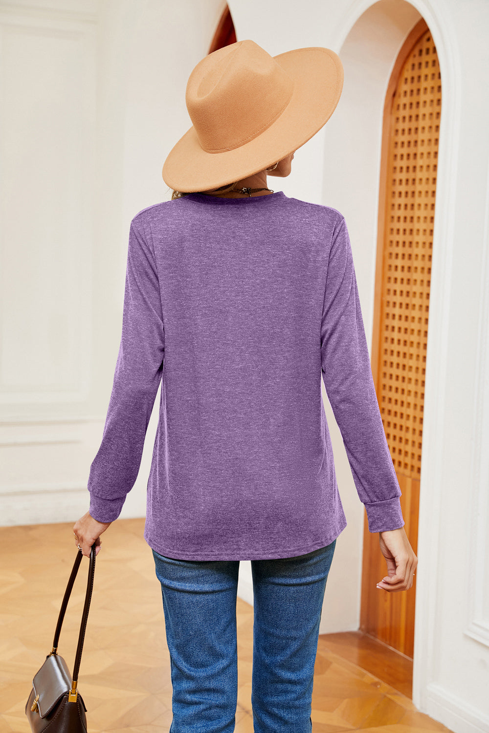 Buttoned Notched Neck Long Sleeve Top, view 21