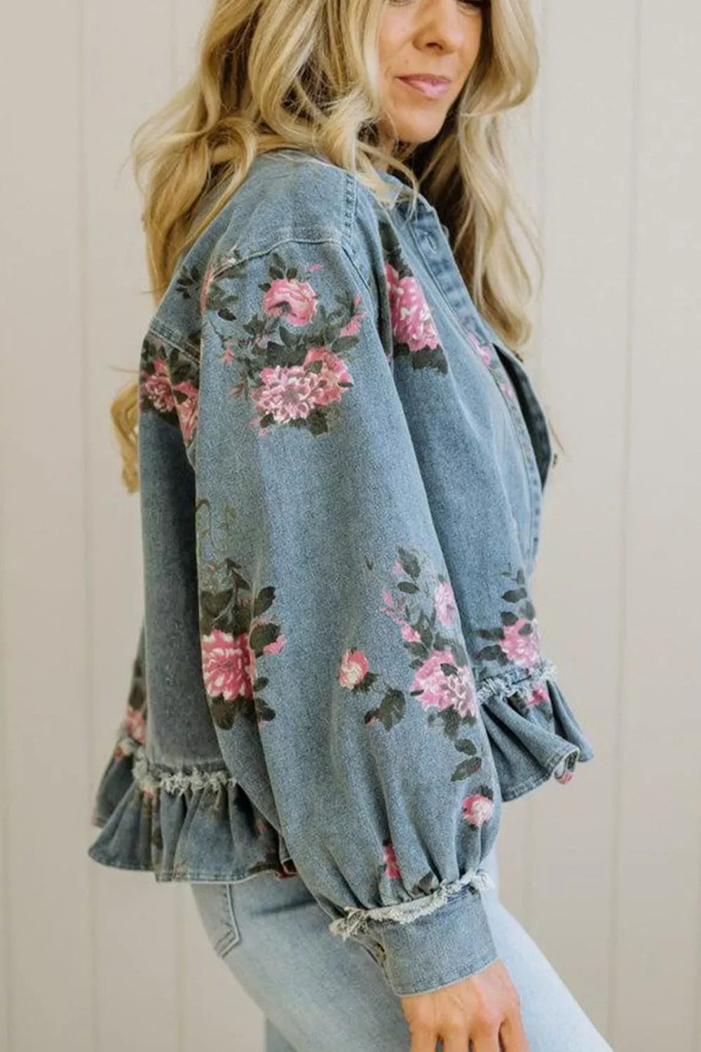 Floral Print Denim Jacket with Ruffled Hem in Light Blue, view 3