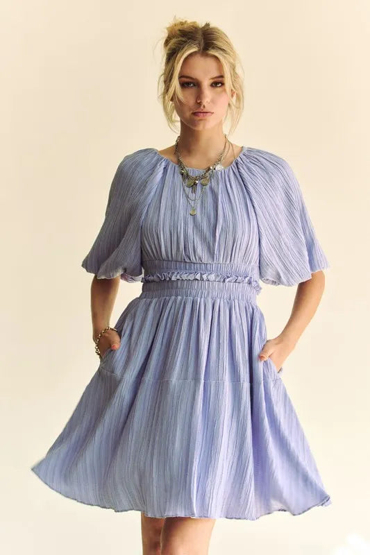 Davi & Dani Back Button Puff Sleeve Mini Dress - Lilixa.store