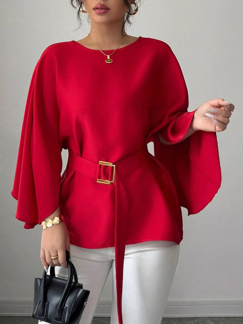 Round Neck Belt Batwing Sleeve Blouse - Lilixa.store