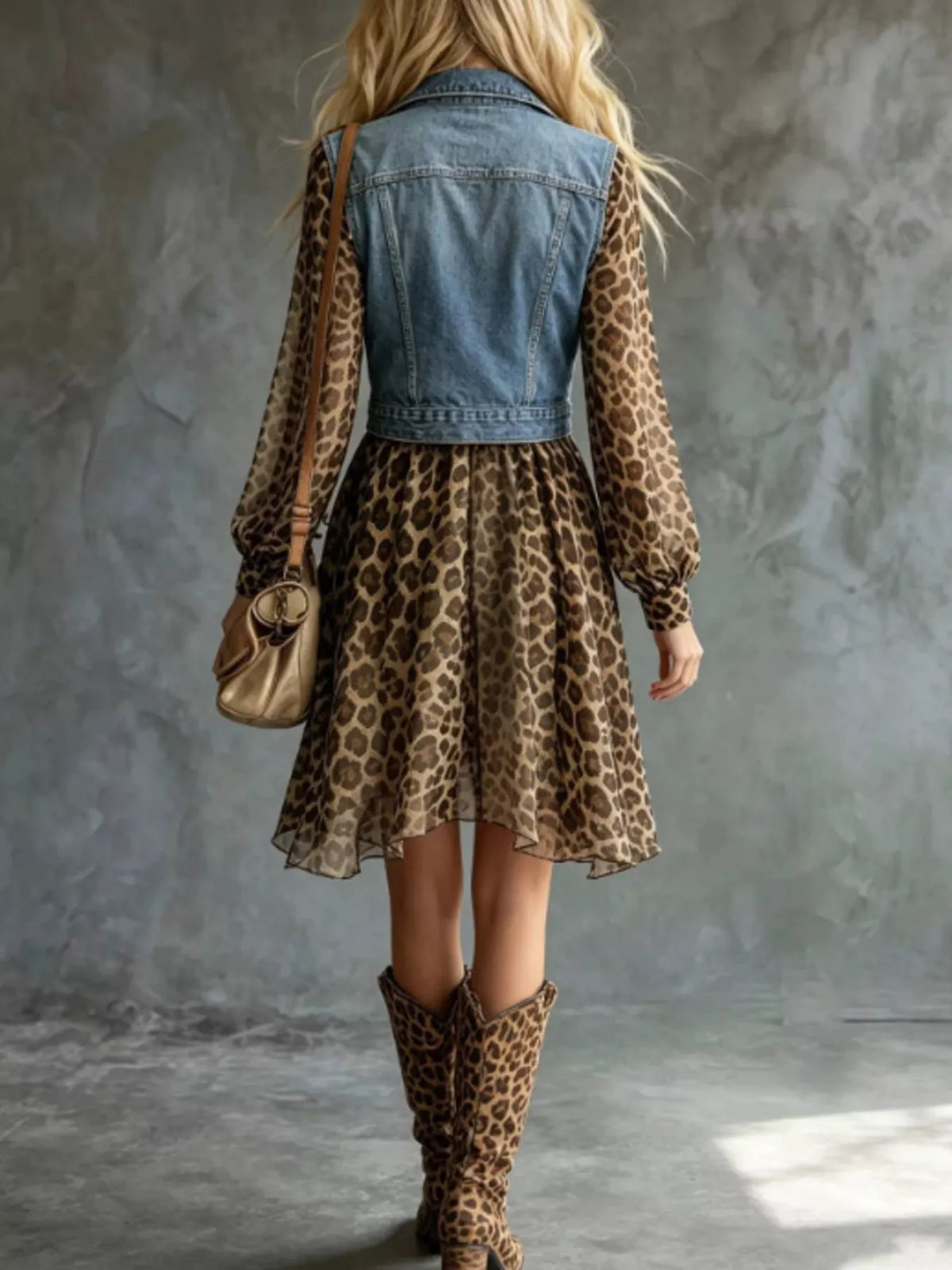 Full Size Denim Leopard Patchwork Mini Dress Plus Size - Lilixa.store