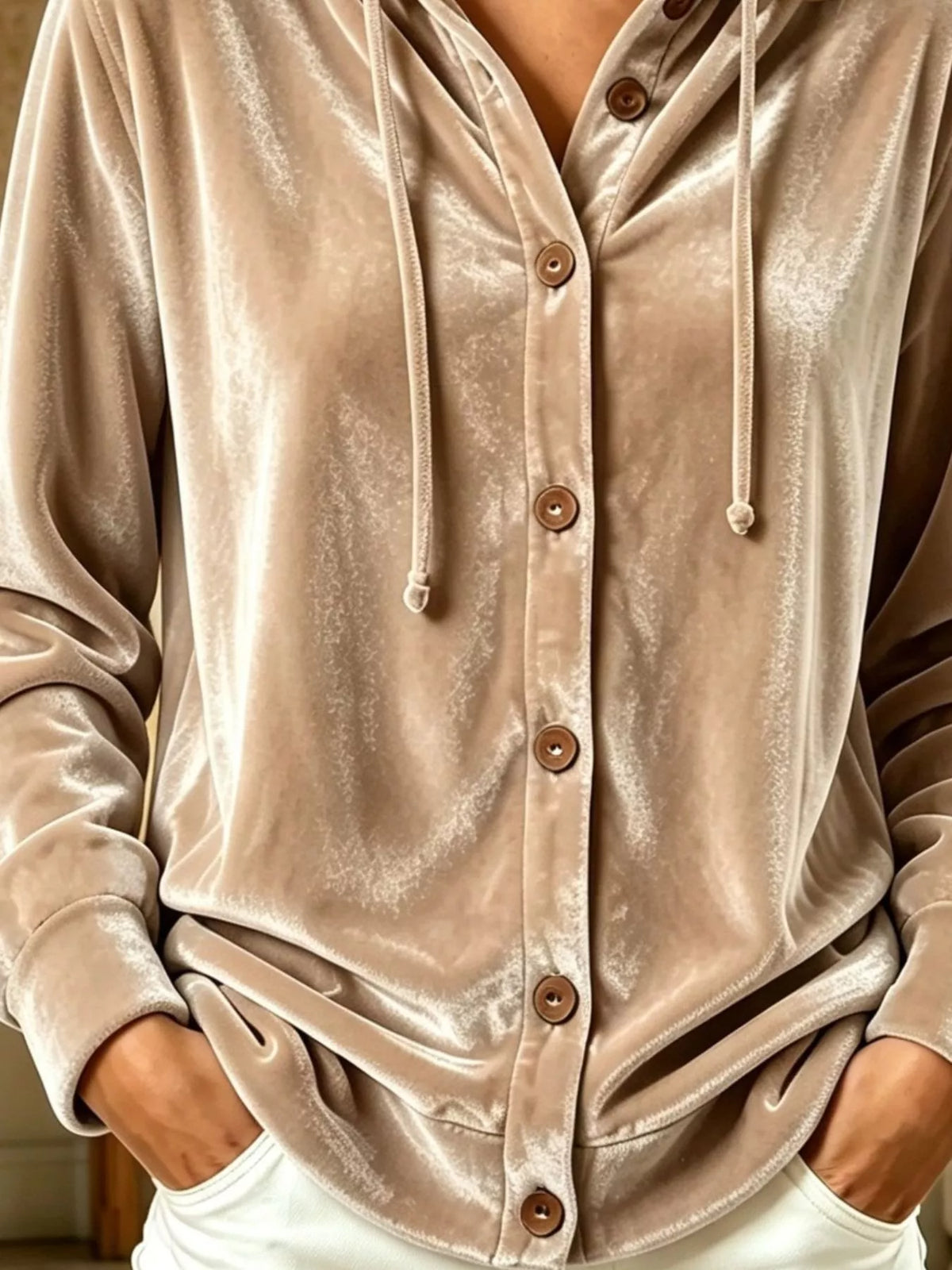 Full Size Velvet Button-Down Hooded Top Plus Size - Lilixa.store