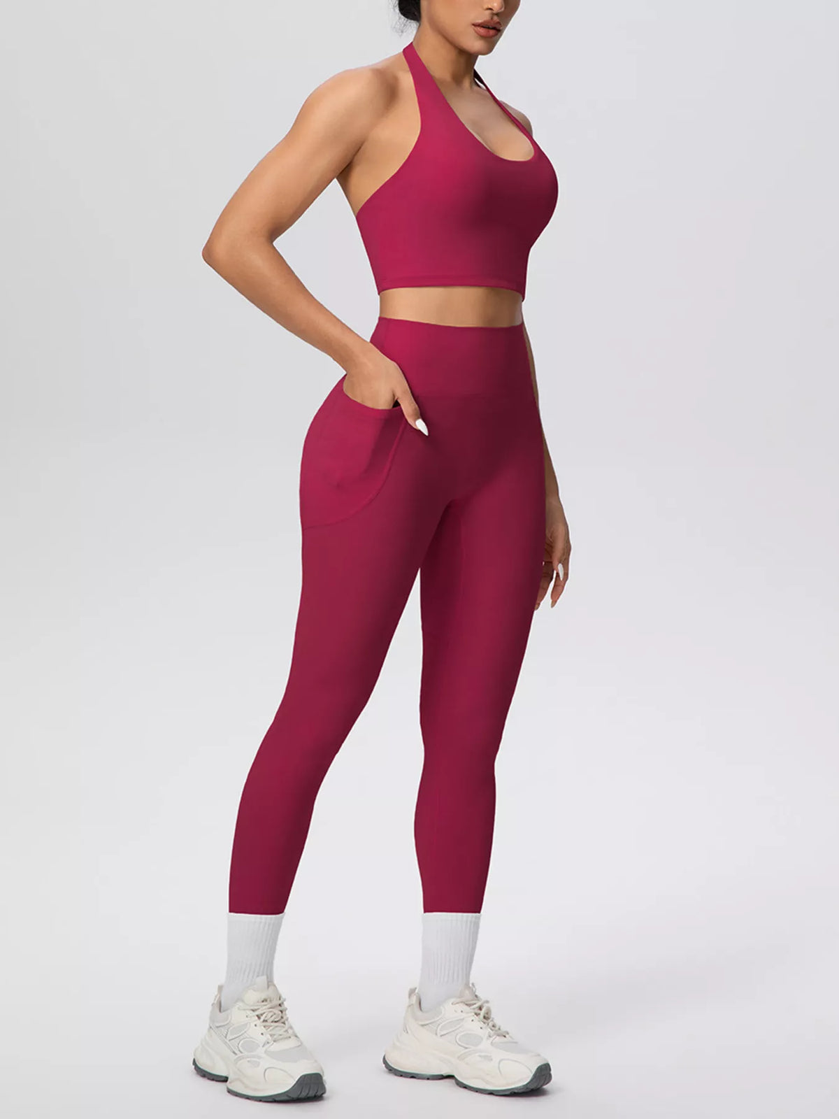 Halter Neck Crop Top and High-Waisted Leggings Active Set in Burgundy