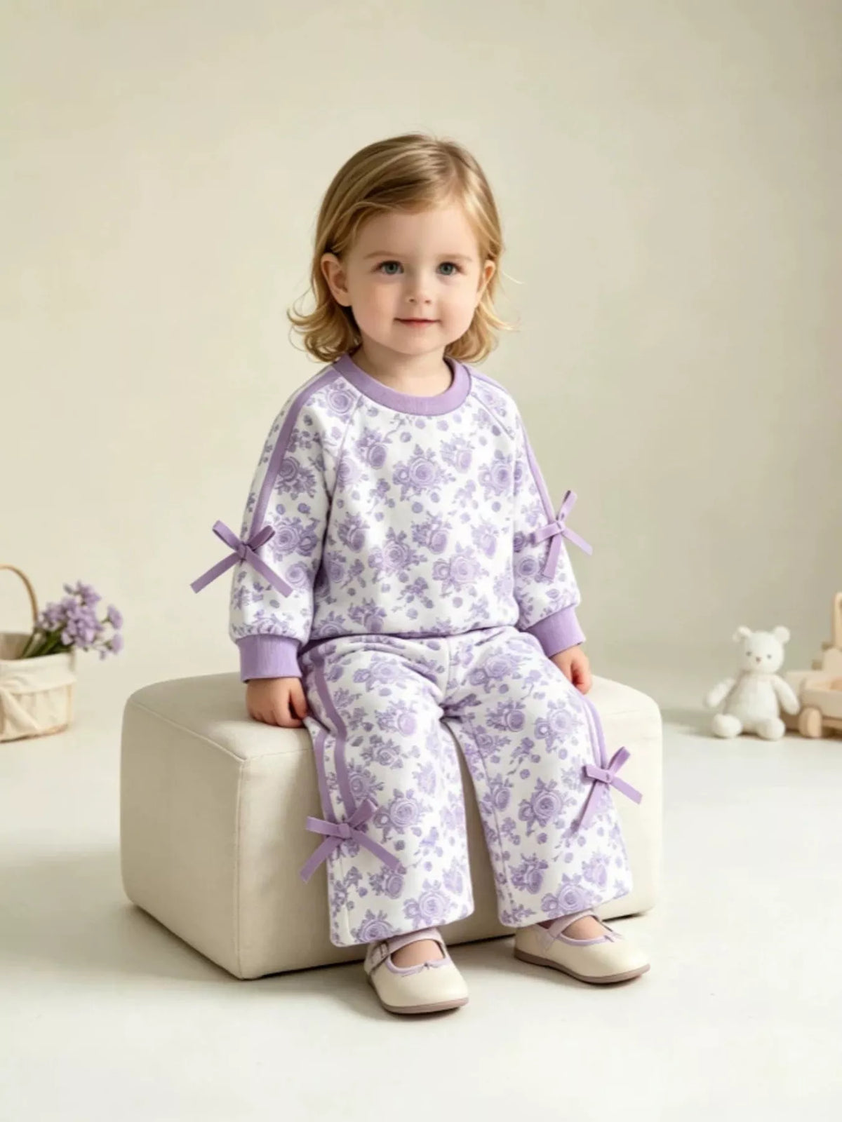 Children's Floral Print Round Neck Top and Pants Two-Piece Lounge Set - Lilixa.store