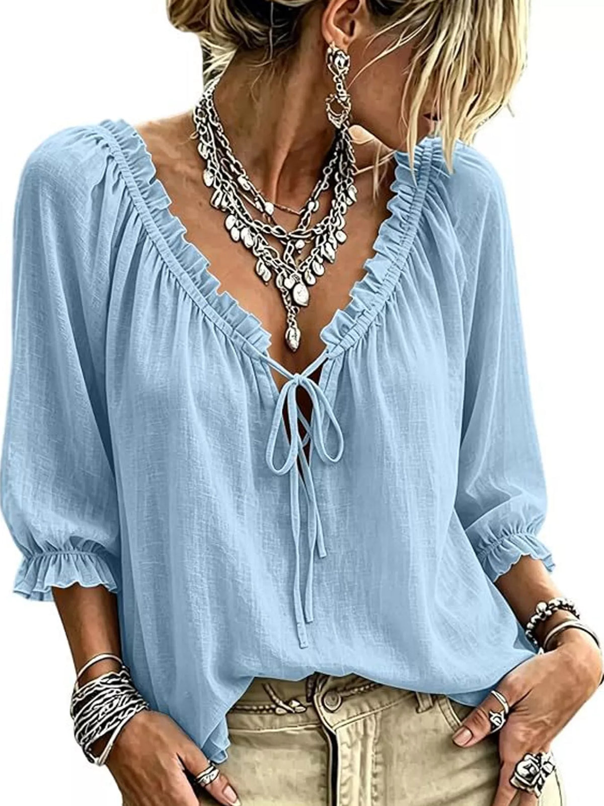 Frill Tie Neck 3/4 Sleeve Blouse - Lilixa.store