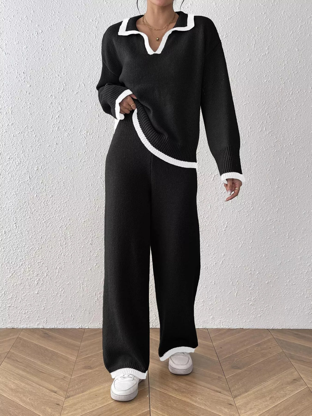 Contrast Trim Polo Collar Top and Pants Sweater Set - Lilixa.store