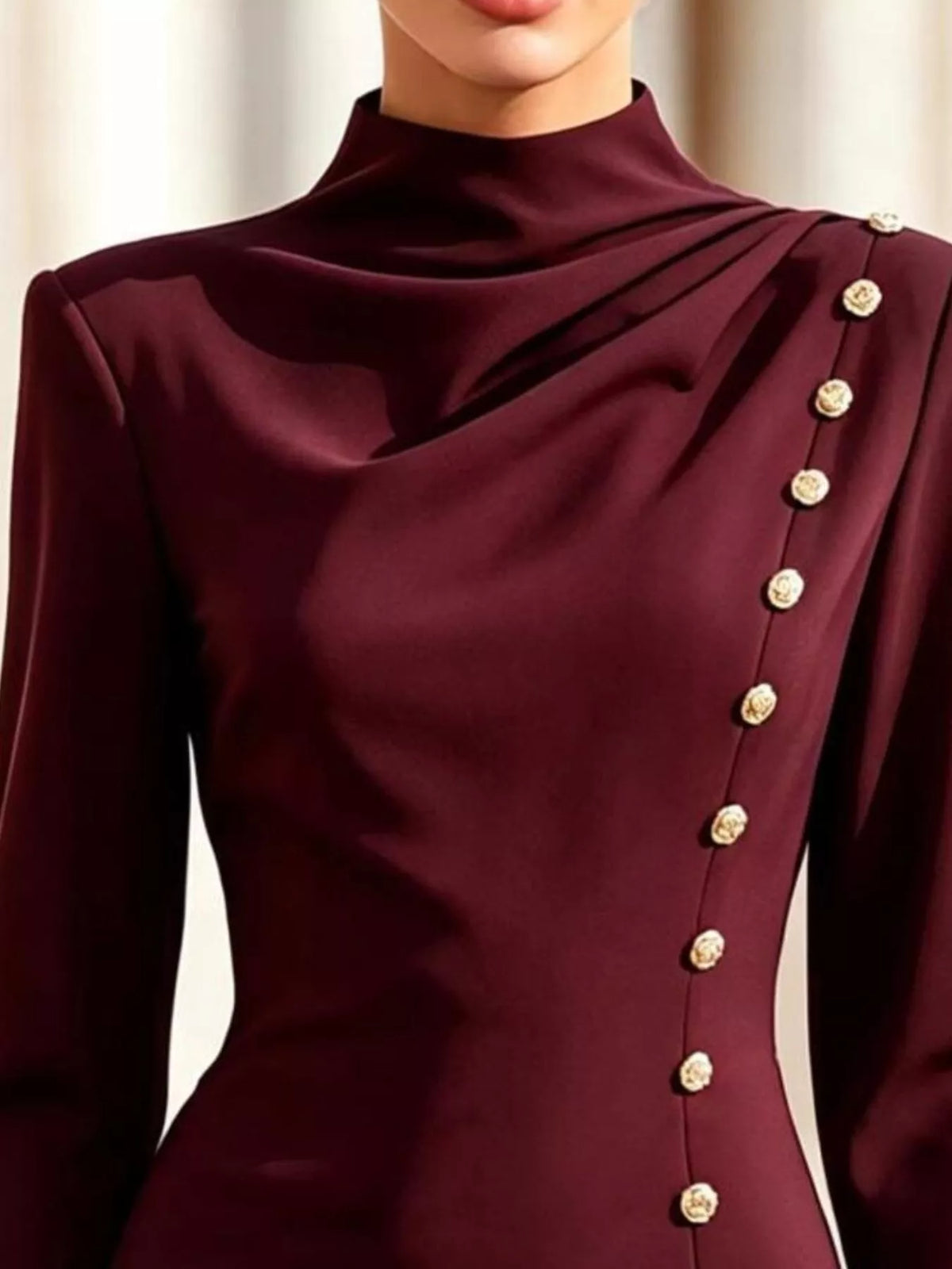 Mock Neck Long-Sleeve Bodycon Dress with Gold-Tone Button Detailing, view 6
