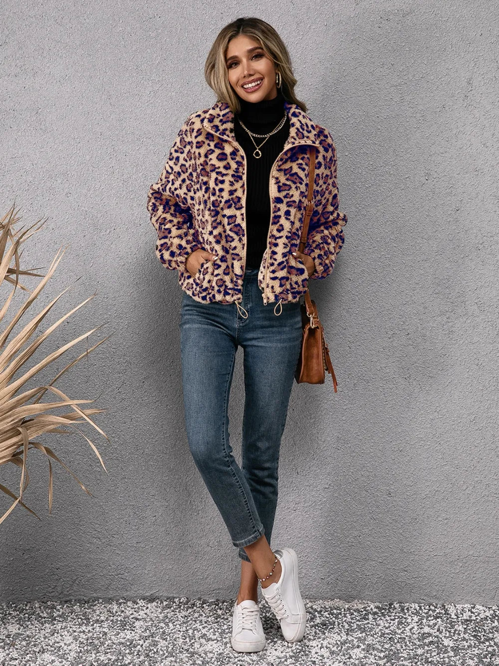 Ivy Lane Drawstring Leopard Zip Up Jacket, view 5