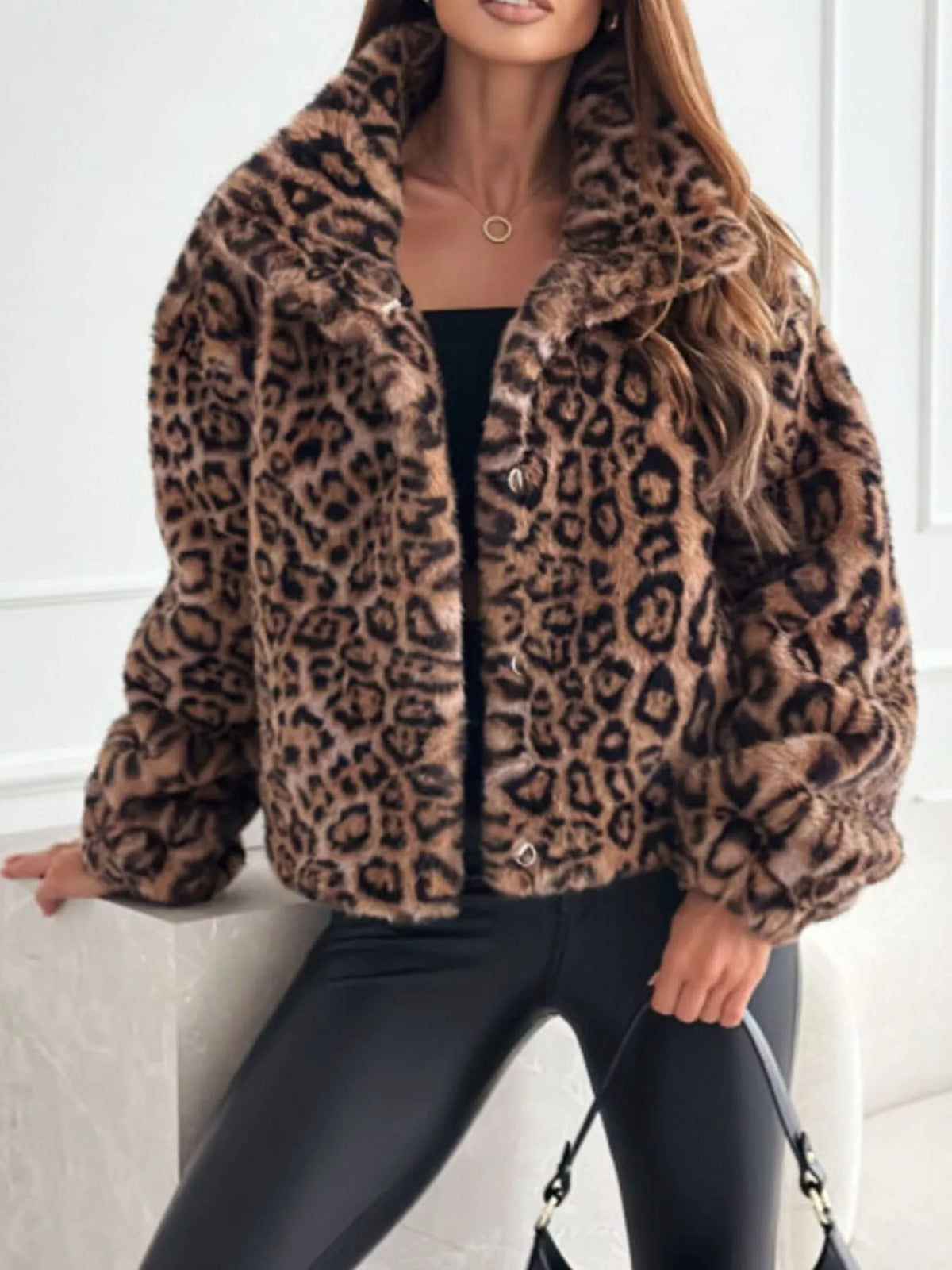 Leopard Faux Fur Cropped Jacket in Leopard Print, view 5
