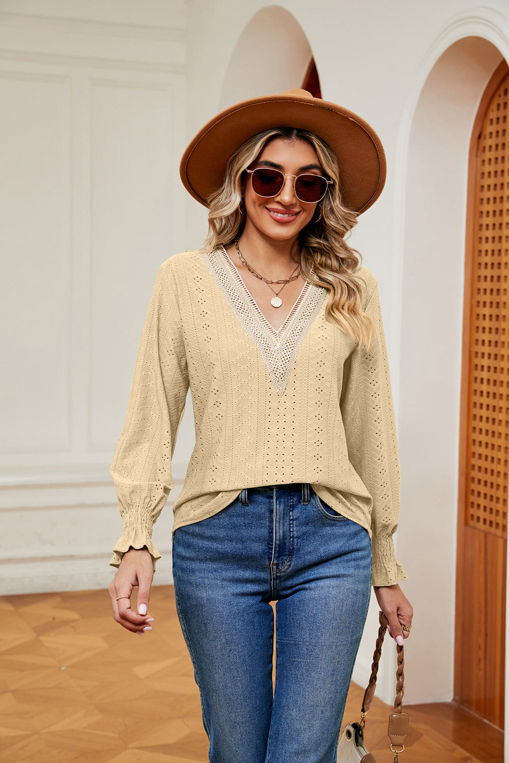 Contrast Flounce Sleeve Blouse, view 5