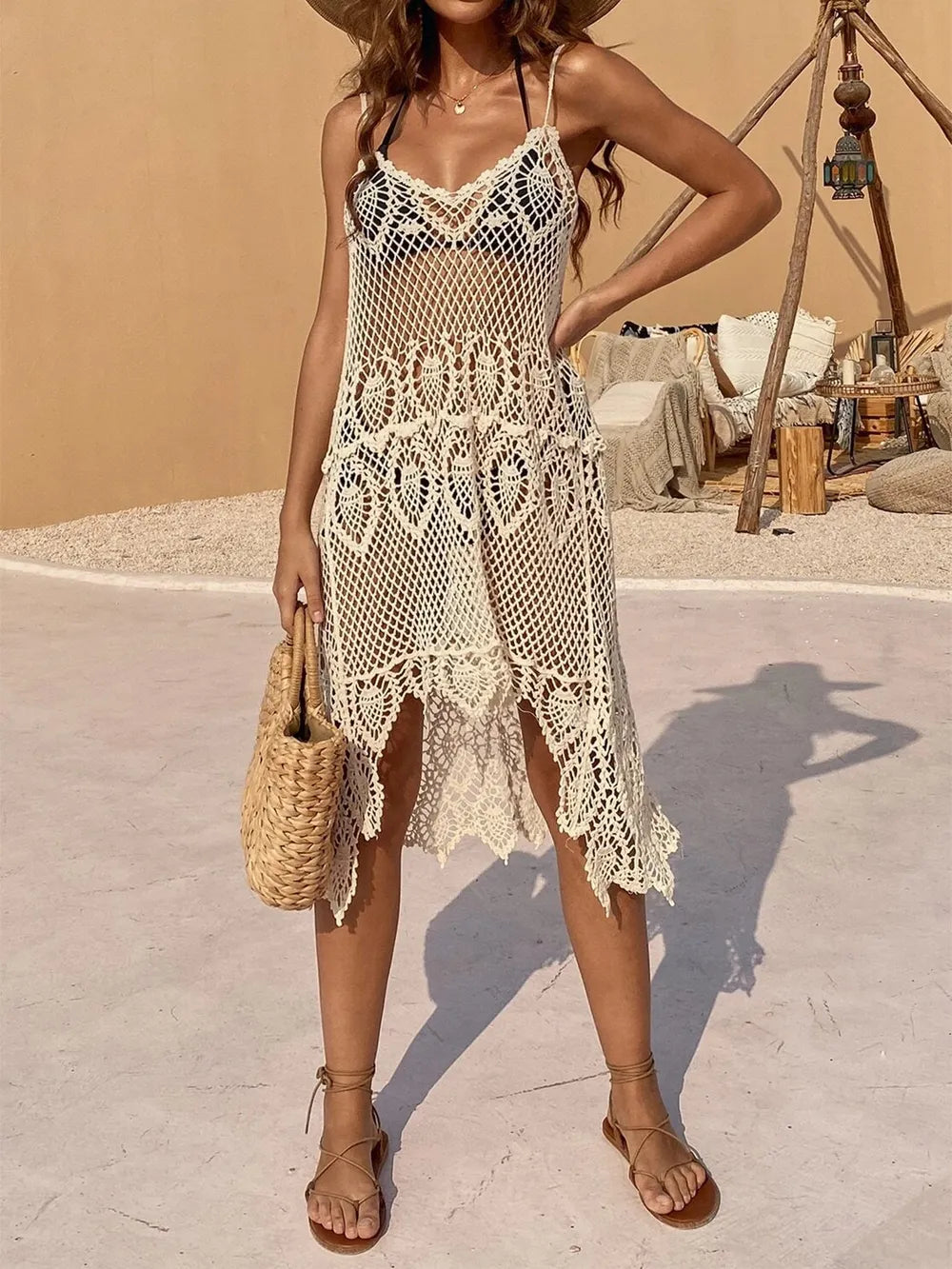 Openwork Scoop Neck Spaghetti Strap Cover-Up Dress - Lilixa.store