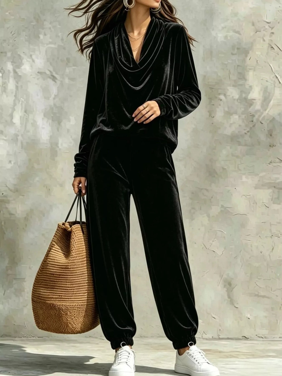 Full Size Velvet Cowl Neck Top and Pants Set Plus Size