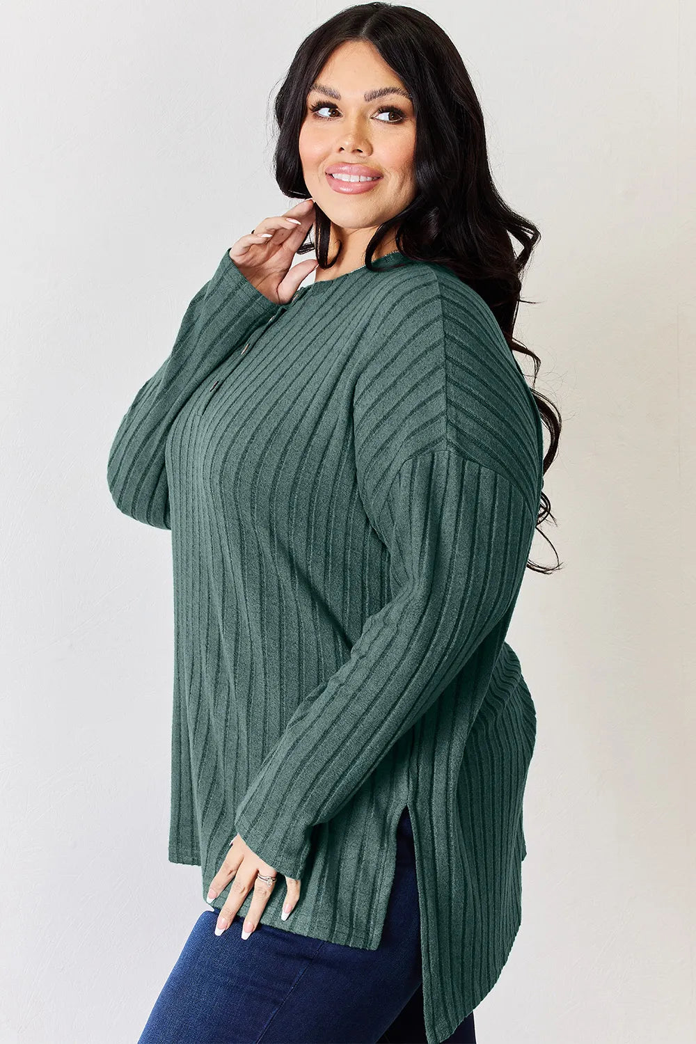 Basic Bae Full Size Ribbed Half Button Long Sleeve High-Low T-Shirt - Lilixa.store