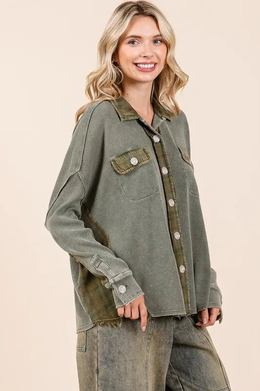 Mittoshop Mineral Washed Plaid Button Down Shacket in Olive, view 4