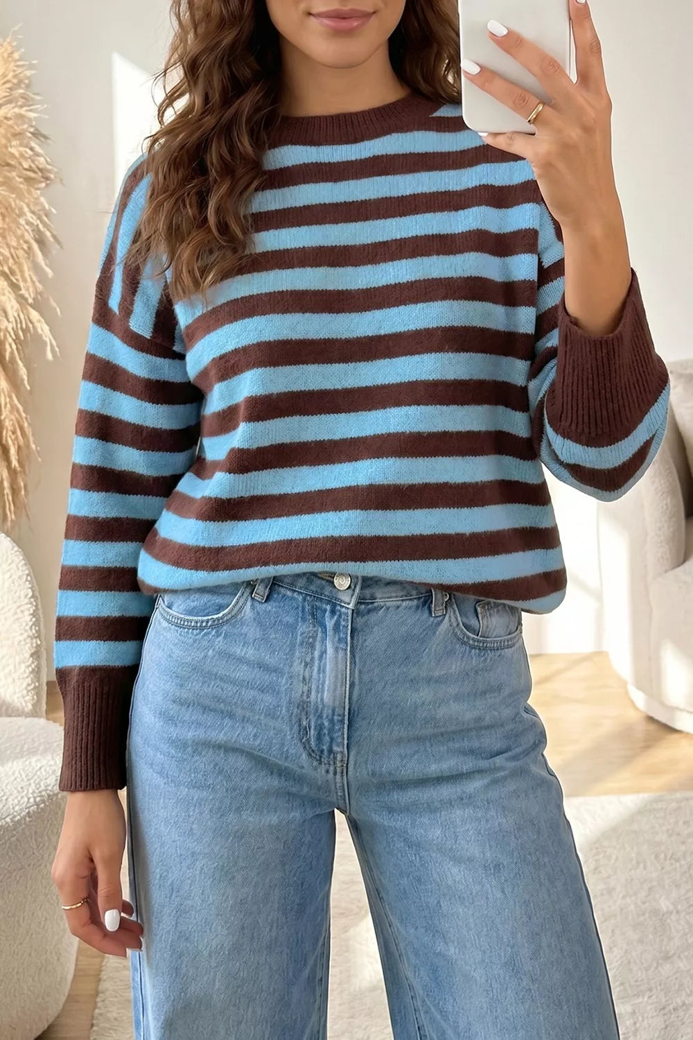 Stripe Color Block Loose Crew Neck Cuffed Sweater