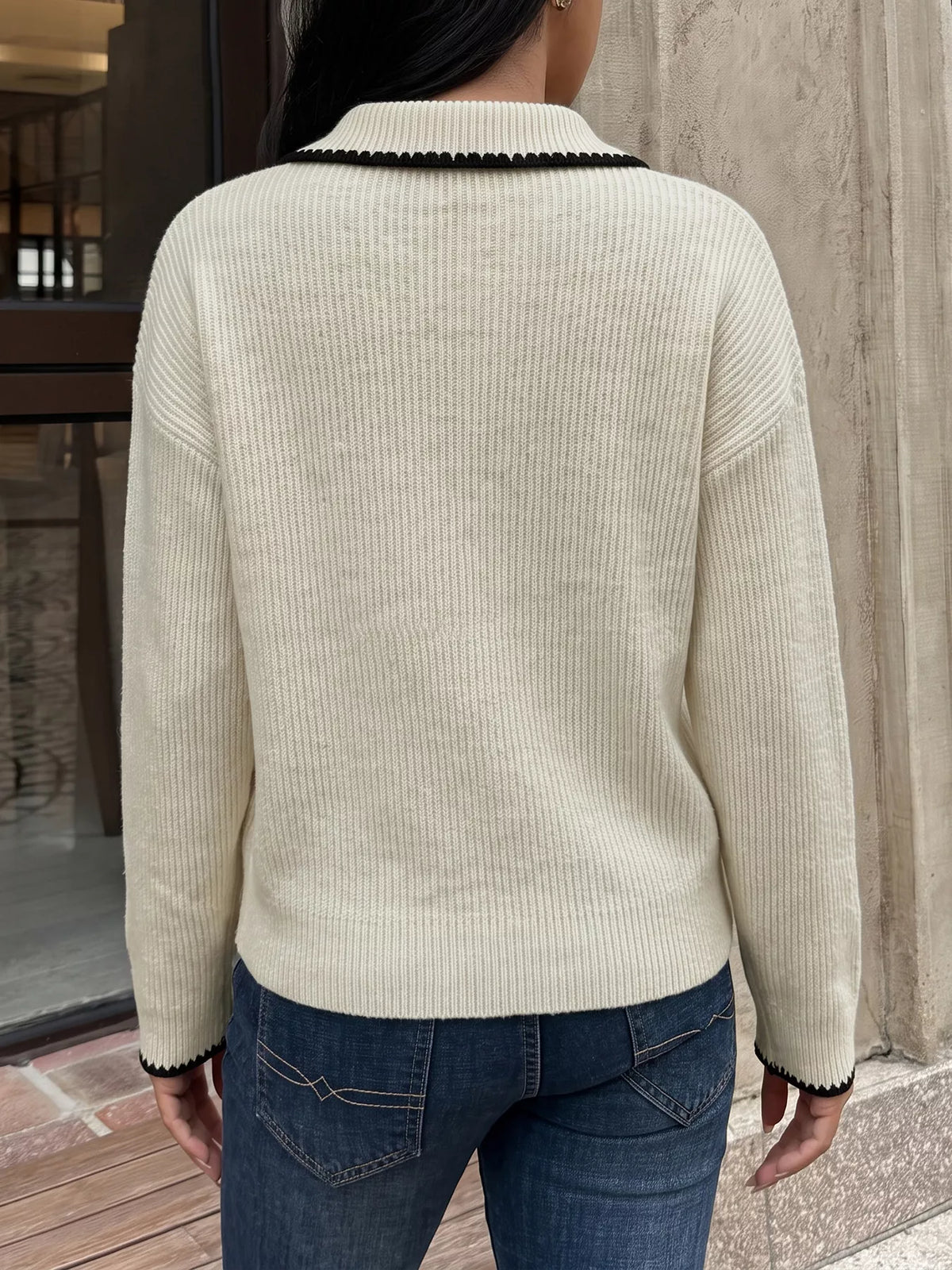 Contrast Trim Dropped Shoulder Sweater in Khaki, view 6