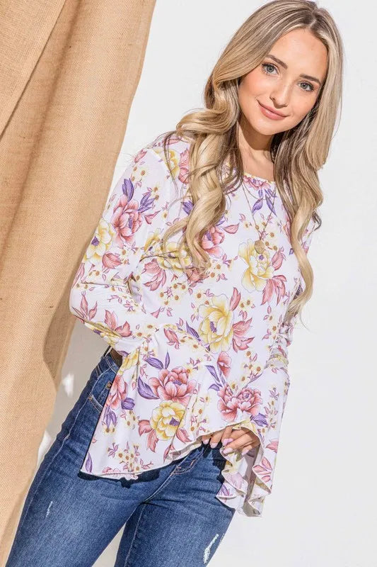 And The Why Floral Printed Bell Sleeve Casual Top in Mustard Mauve, view 8