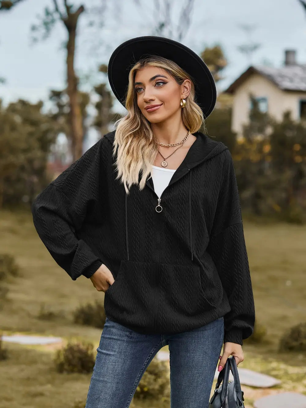 Zip Up Drawstring Long Sleeve Hooded Jacket in Black