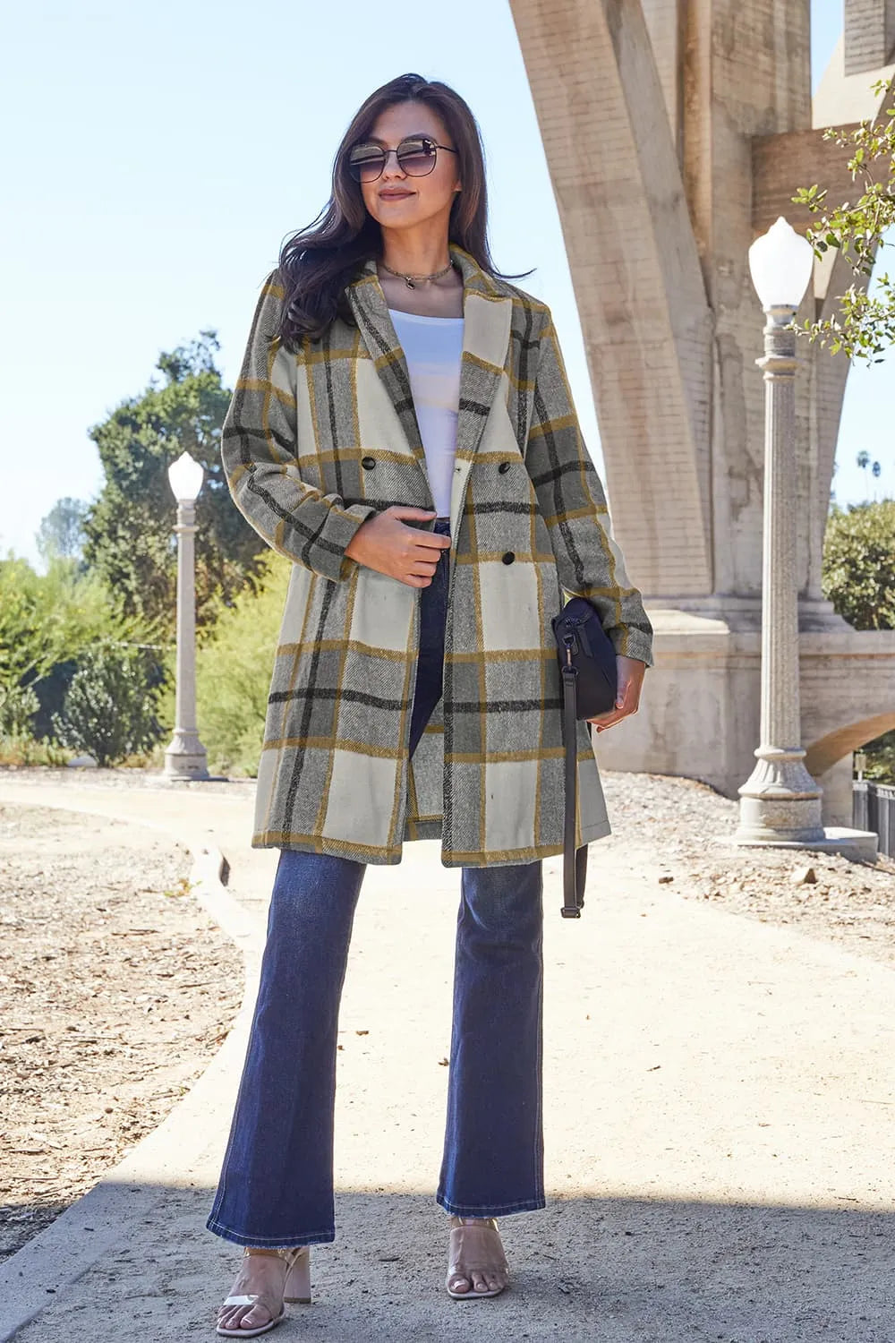Double Take Full Size Plaid Button Up Lapel Collar Coat - Lilixa.store