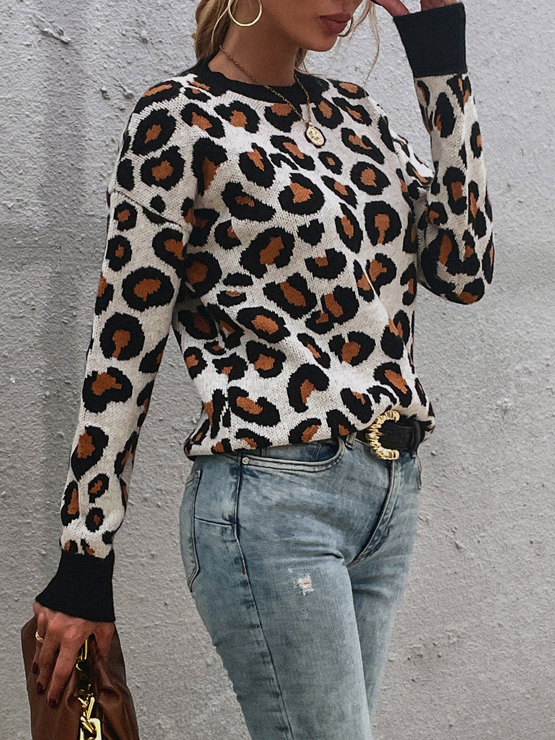 Leopard Round Neck Dropped Shoulder Sweater, view 2