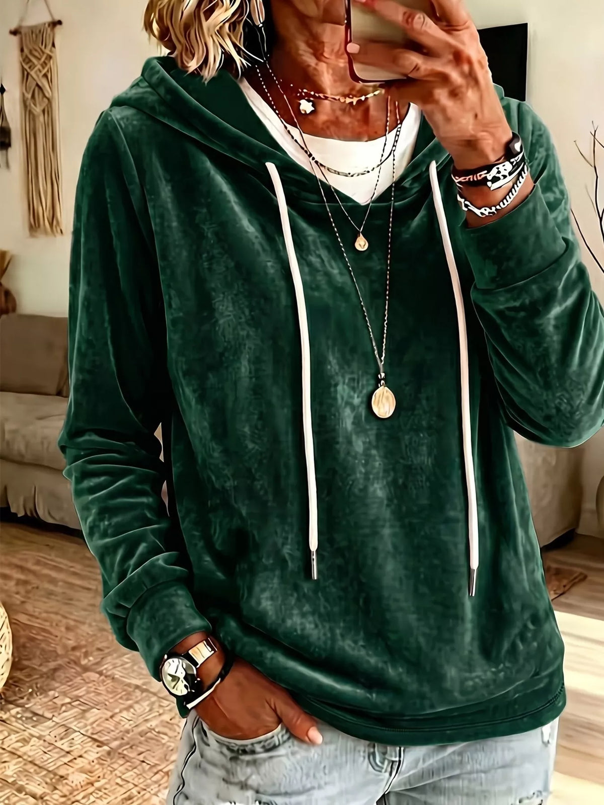 Full Size Drawstring Velvet Long Sleeve Hoodie Plus Size in Green