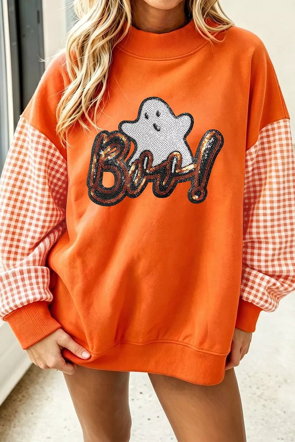 Boo Sequin Ghost Plaid Patchwork Sleeve Halloween Sweatshirt - Lilixa.store