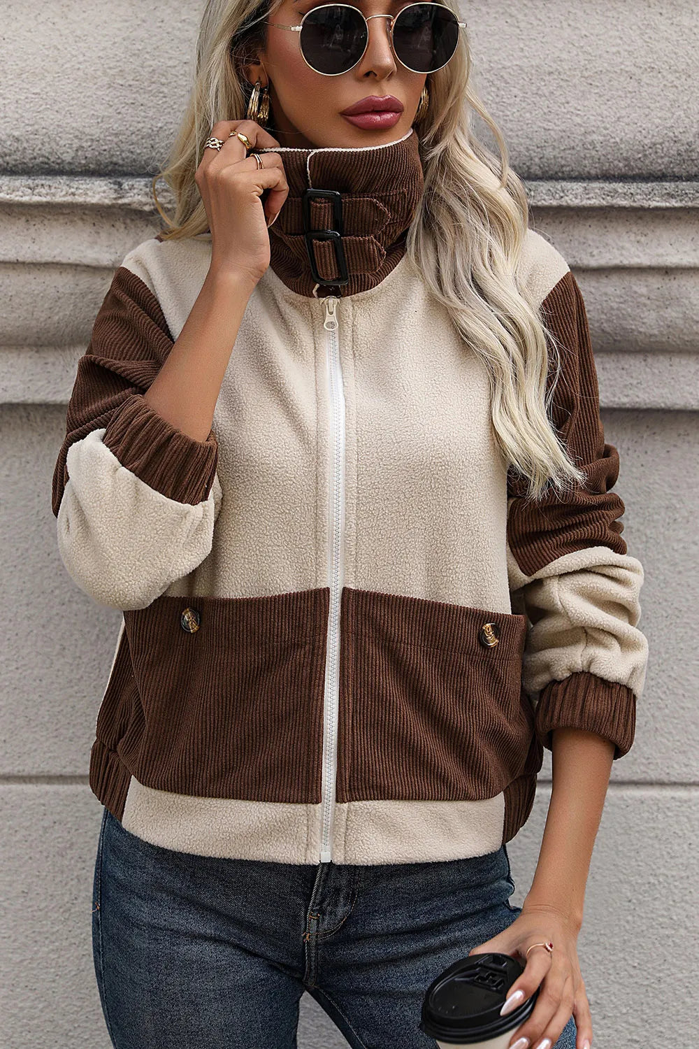 Perfee Color Block Zip Up Pocketed Jacket in Chocolate, view 3
