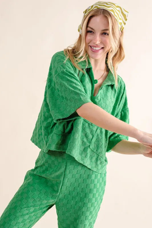 And The Why Brushed Texture Checker Board Pattern Casual Top - Lilixa.store