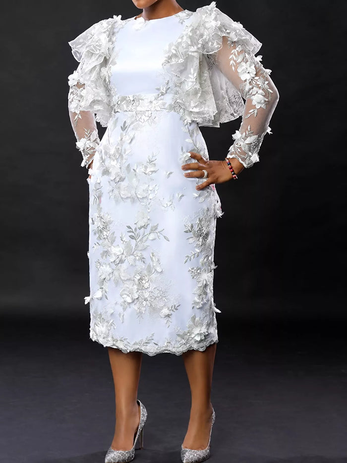 Plus Size Floral Embroidered Sheer Ruffle Sleeve Midi Dress in White