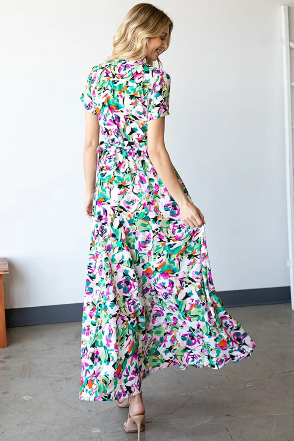 First Love Slit Printed Surplice Tie Waist Short Sleeve Dress - Lilixa.store