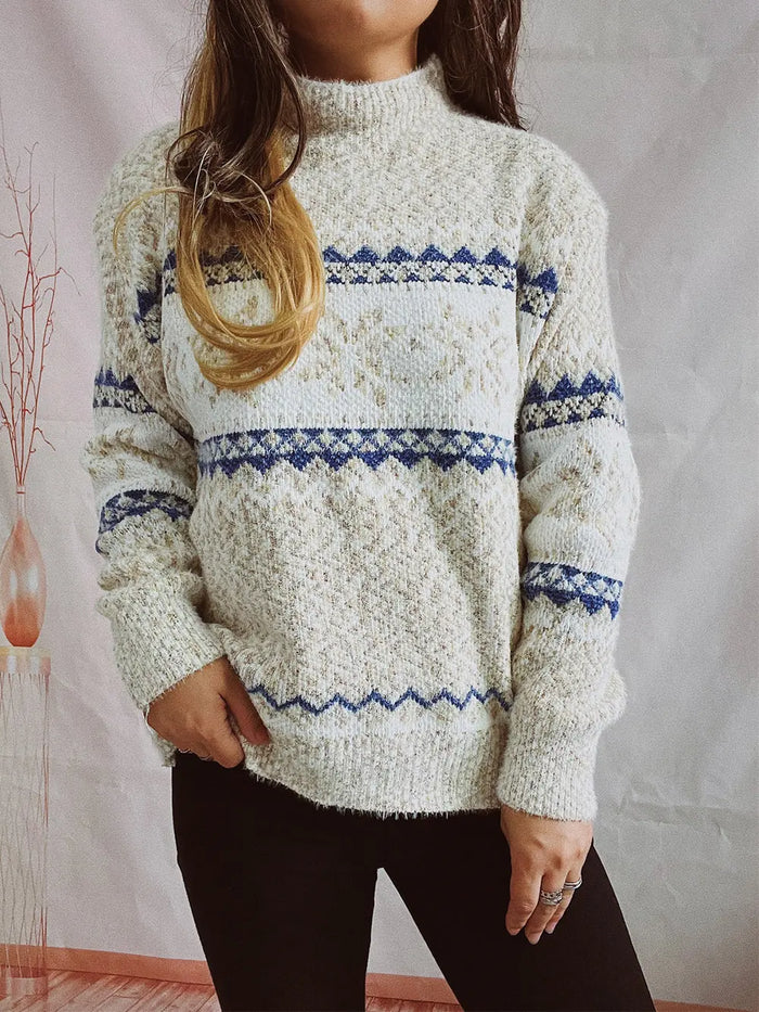 Geometric Mock Neck Dropped Shoulder Sweater in Pastel Yellow