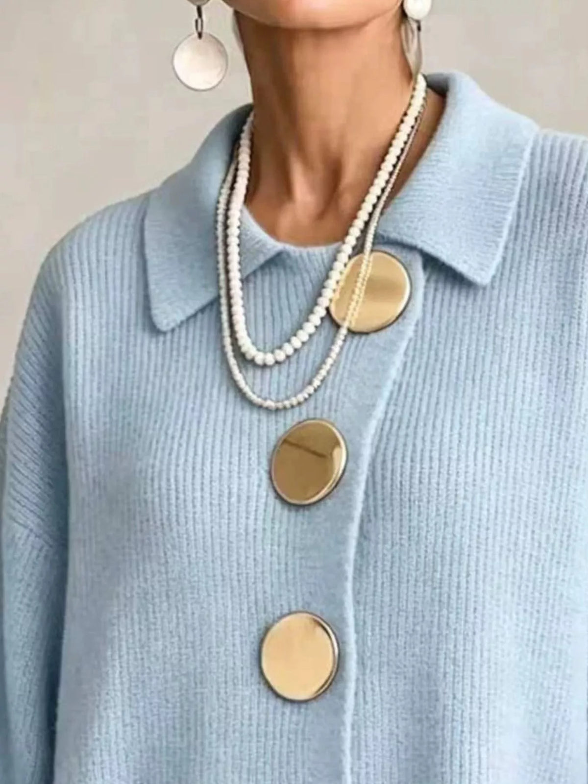 Full Size Gold Buttons Lantern Sleeve Cardigan Plus Size - Lilixa.store