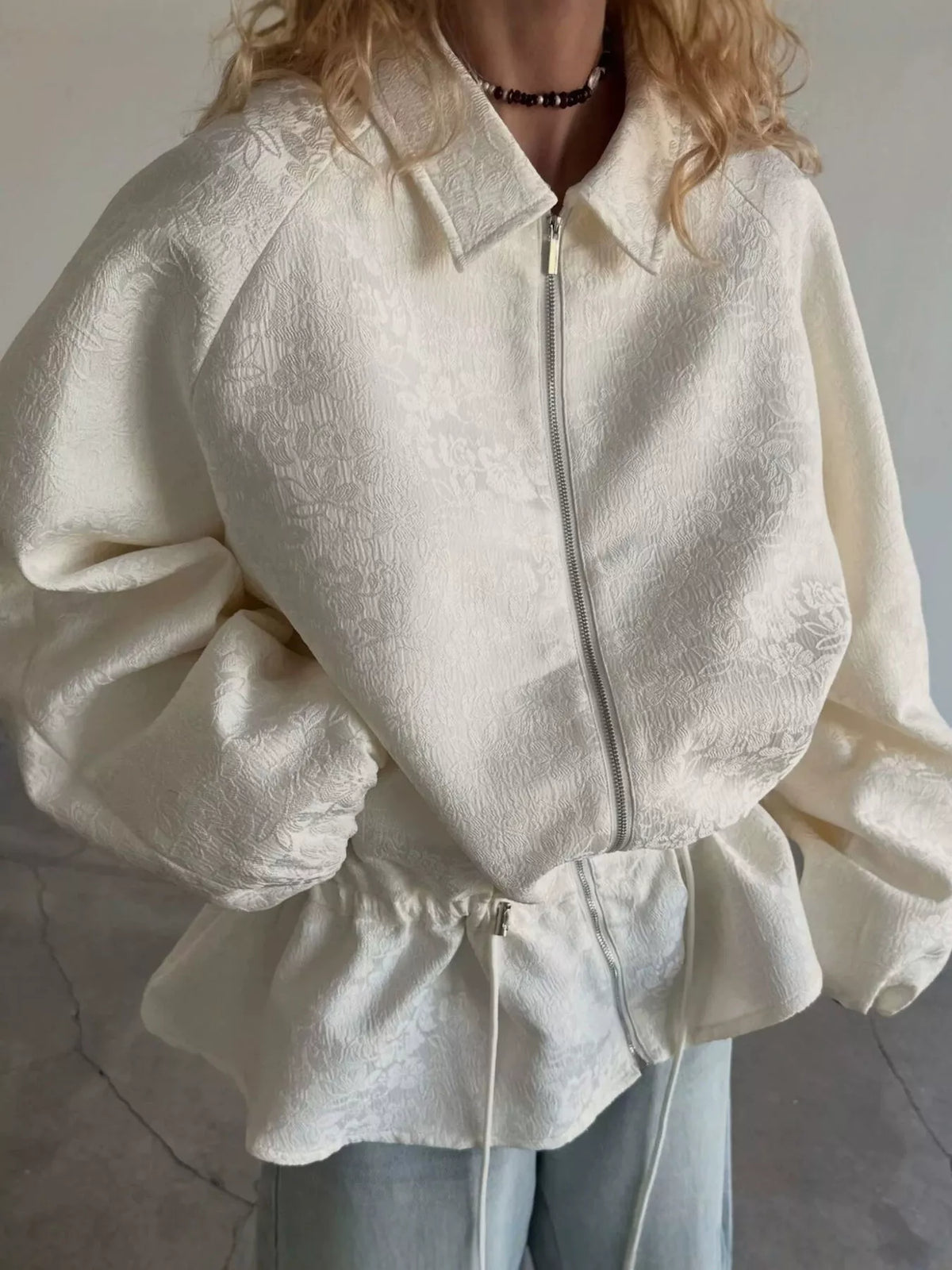 Jacquard Zip-Up Peplum Jacket - Lilixa.store