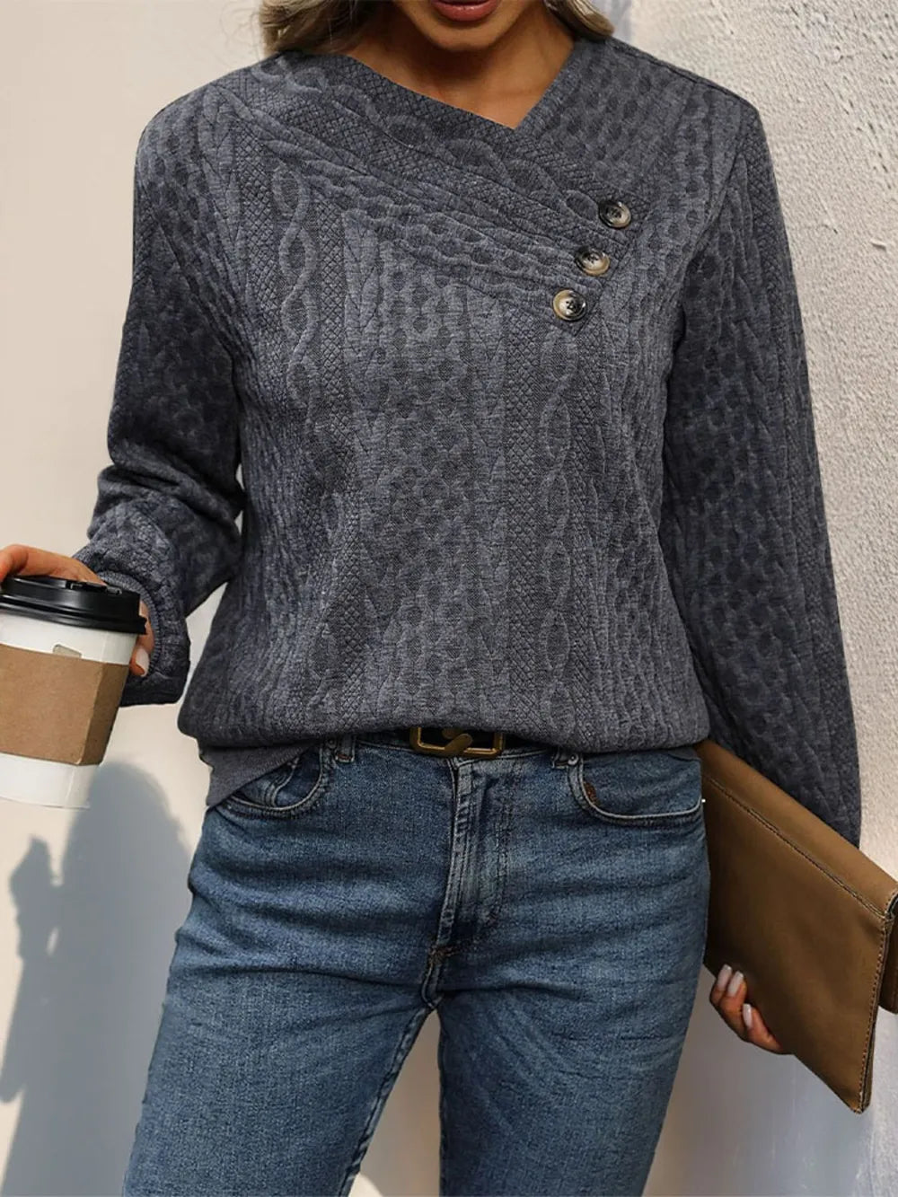 Perfee Decorative Button Long Sleeve Sweatshirt - Lilixa.store