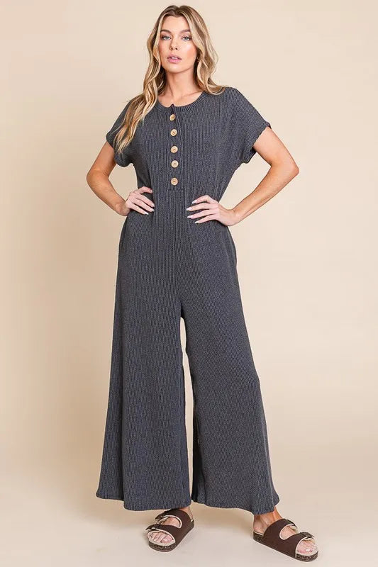 BOMBOM Rib Knit Jumpsuit with Button Detail - Lilixa.store