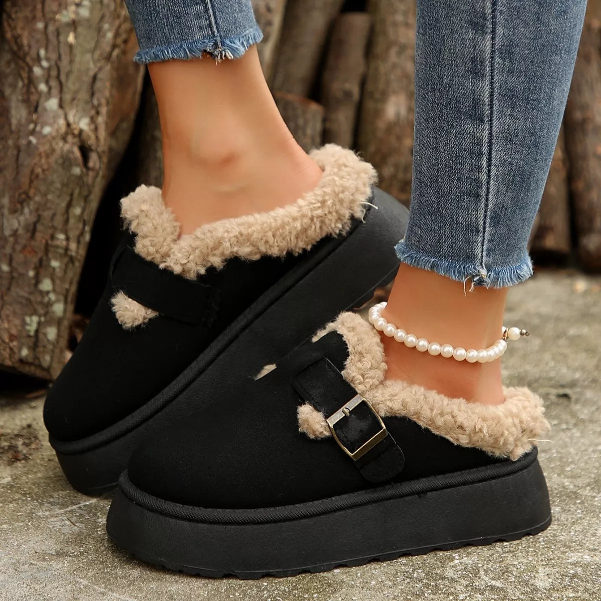 Fuzzy Trim Buckle Platform Slippers - Lilixa.store