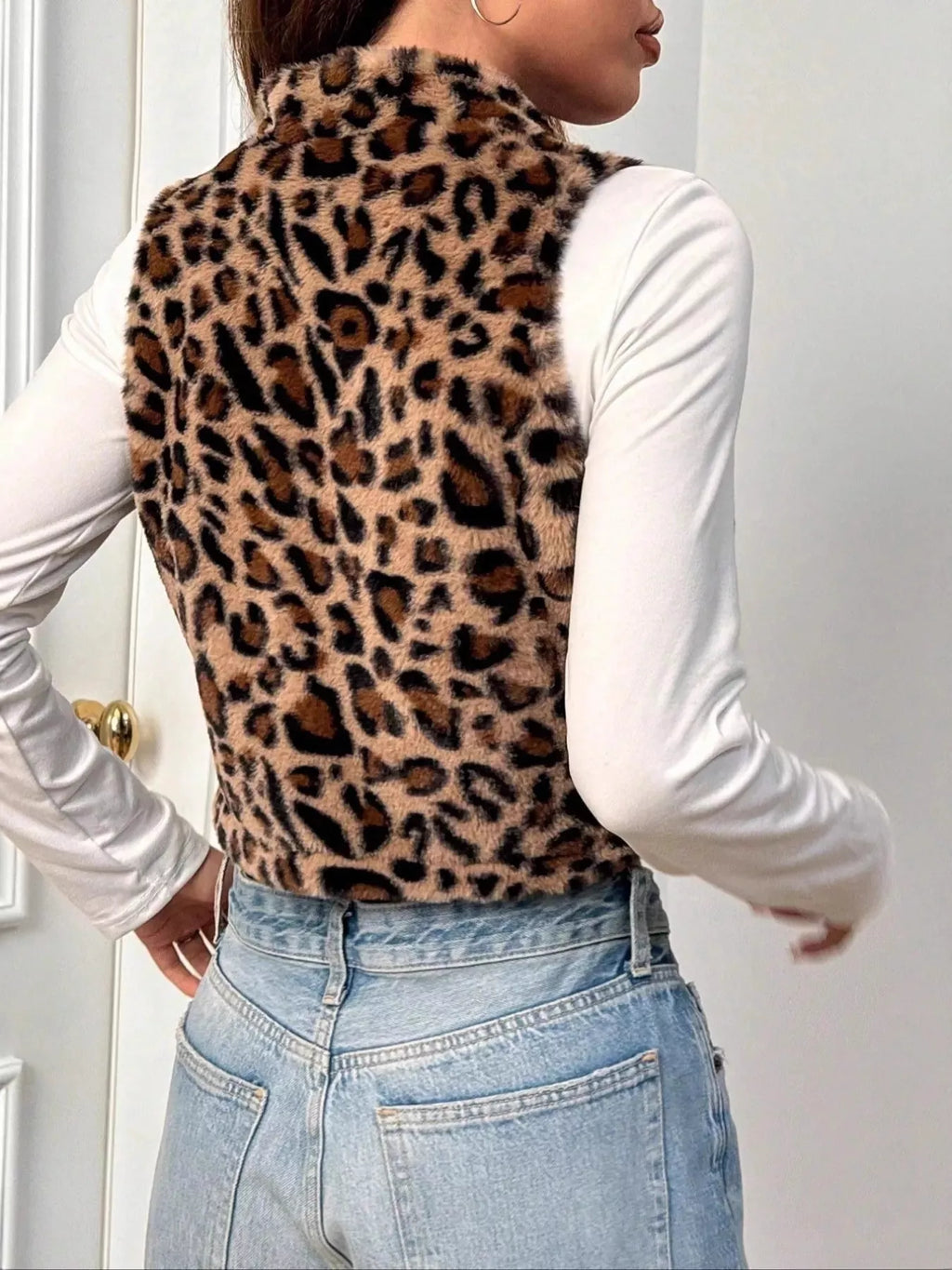 Leopard Zip Up Faux Fur Cropped Vest Coat - Lilixa.store
