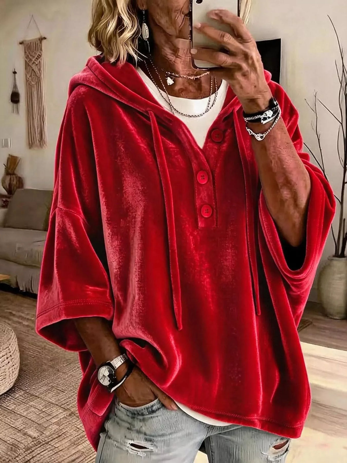 Full Size Velvet Button Detail Drawstring Hoodie Plus Size in Red