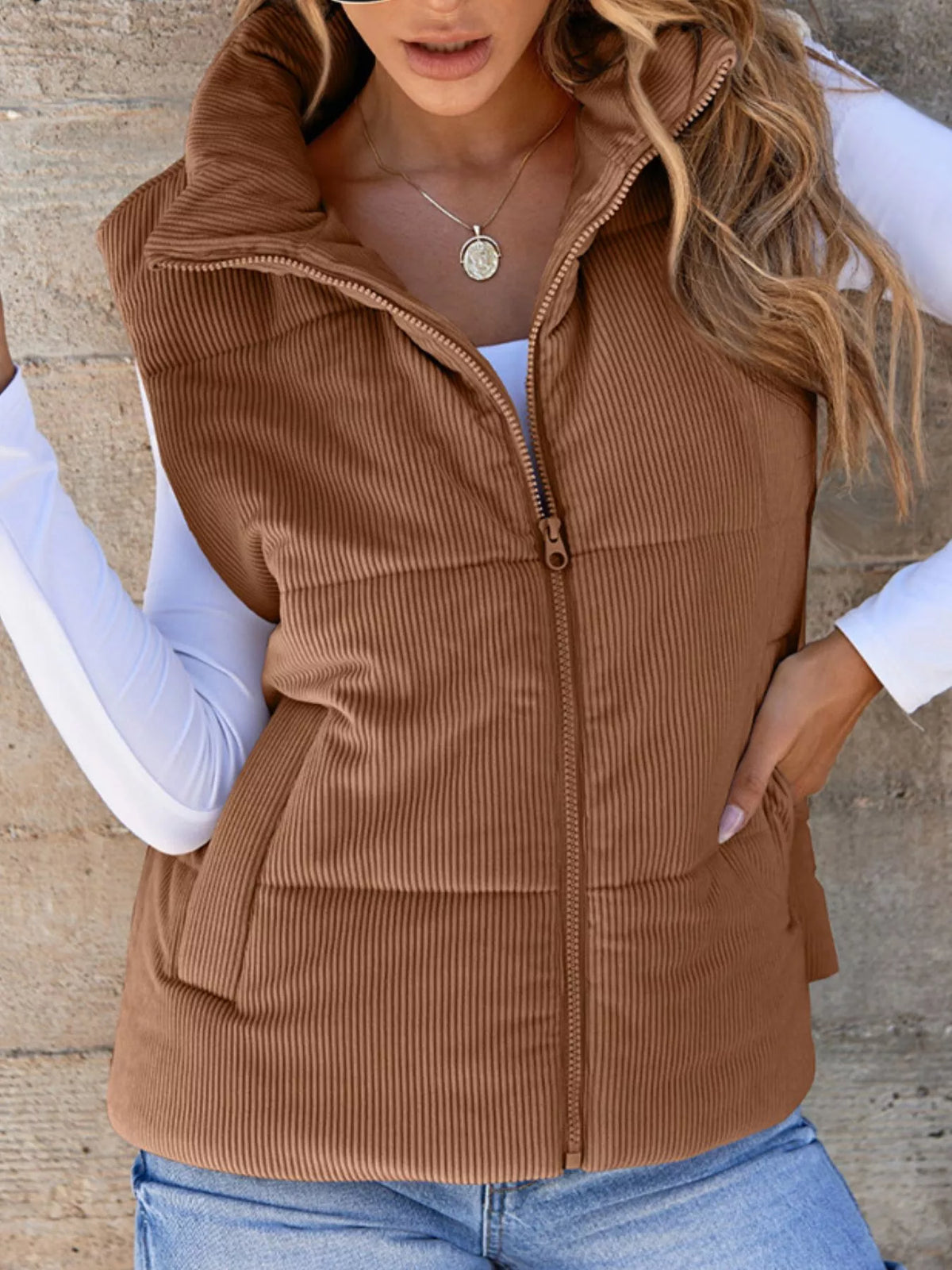 Corduroy Zip Up Vest Coat in Dark Brown