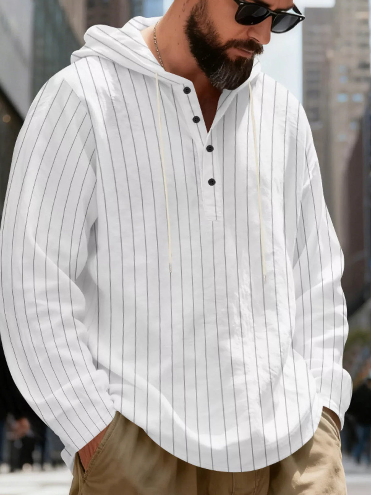 Men's Full Size Casual Striped Henley Hoodie with Drawstring Plus Size, view 2