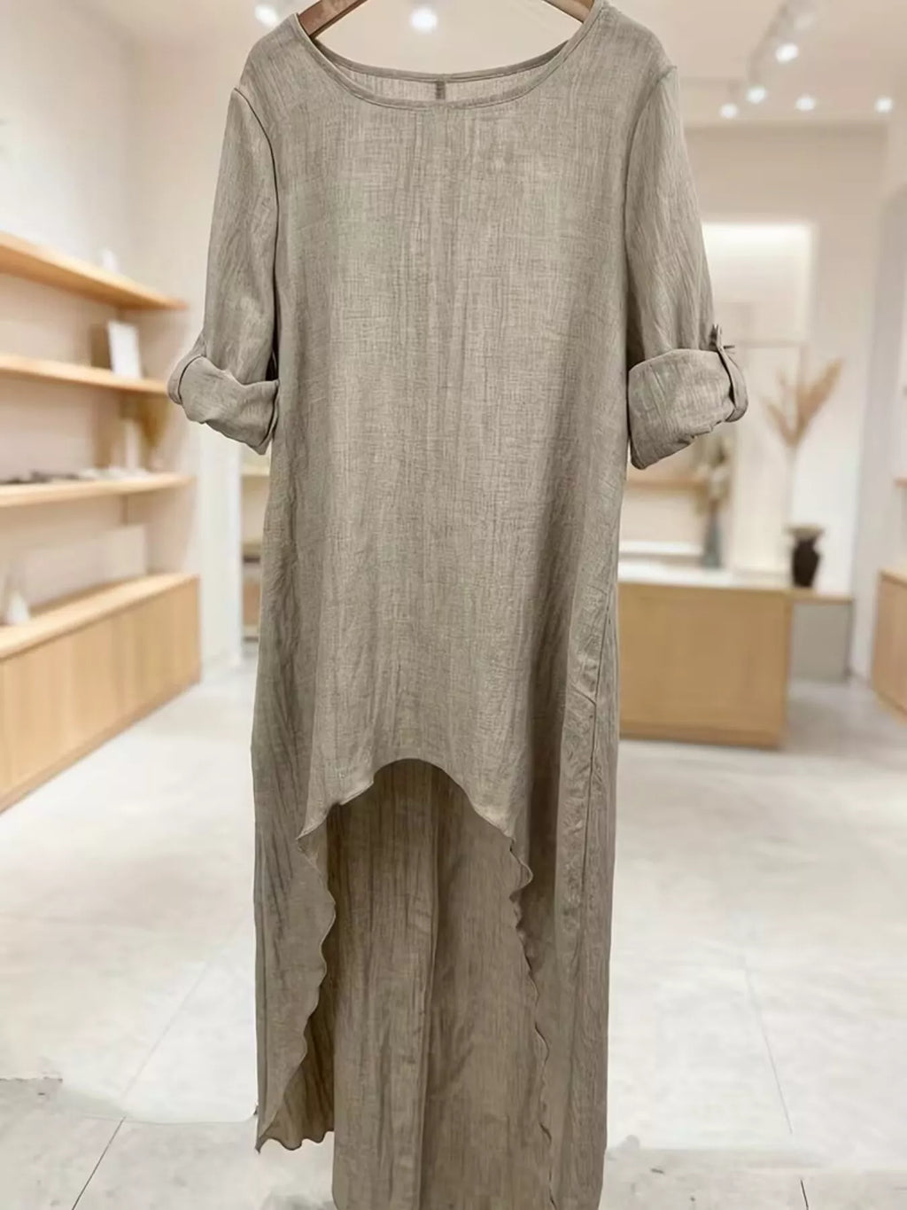 High-Low Hem Roll-Up Sleeves Blouse - Lilixa.store
