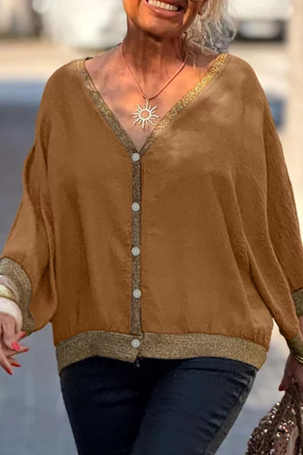 V-Neck Button Up Shirt in Caramel, view 3