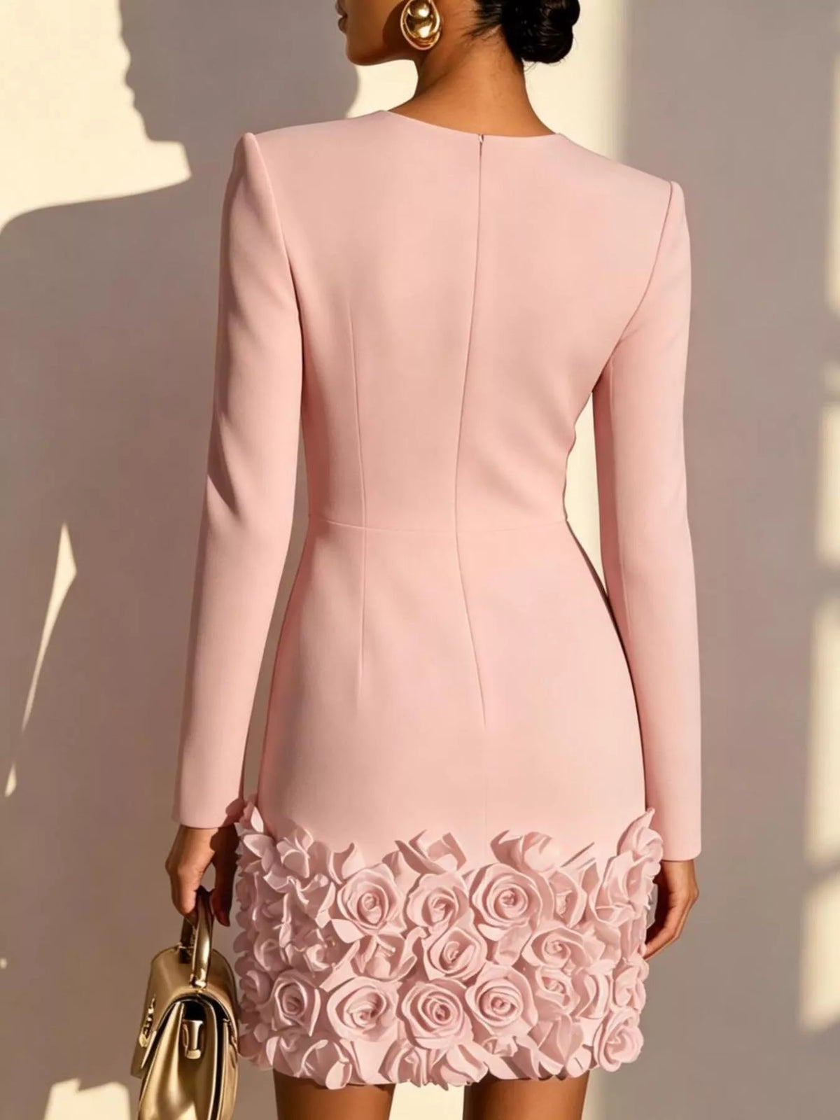 V-Neck Long Sleeve Mini Dress with 3D Rose Floral Hem, view 2