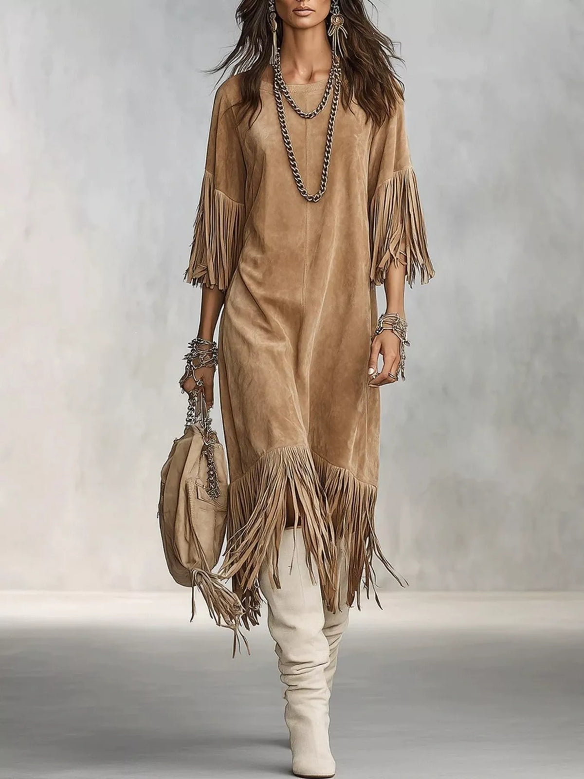 Fringed Round Neck Midi Dress - Lilixa.store